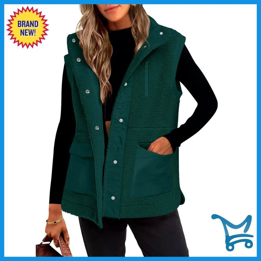 Fleece Vest Loose Fit Sherpa Button Down Winter Outerwear With Pockets